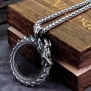 Men's Silver Tone Dragon Circle Ouroboros Pendant Necklace 24" Chain Fantasy